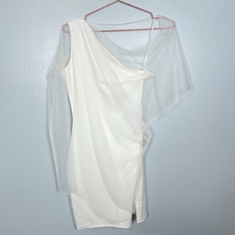 Marcella White One-Shoulder Dress with Mesh Overlay - Picture 3 of 9